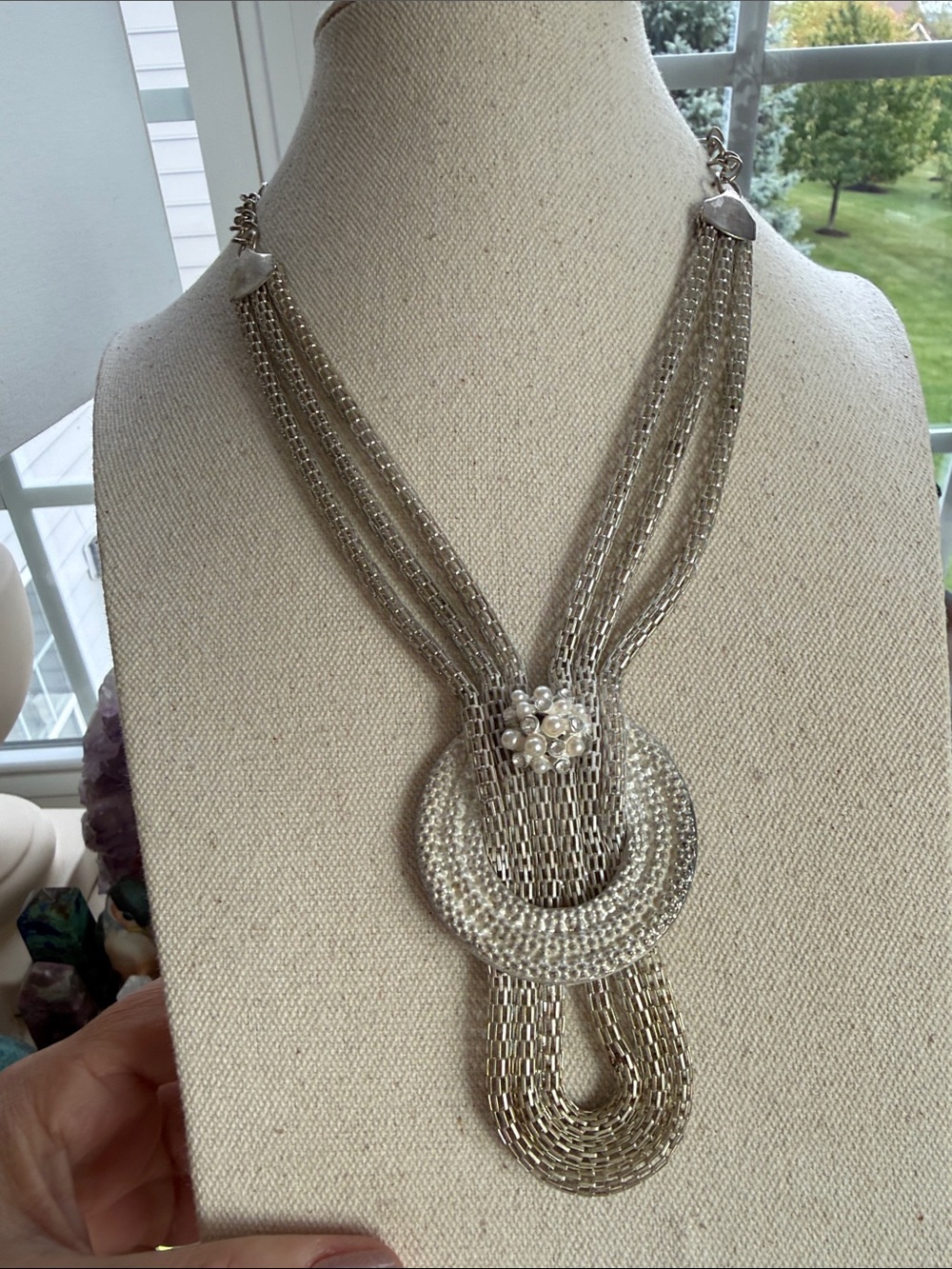 Silver Victorian Multi-Strand Statement Necklace with Pearl Accent